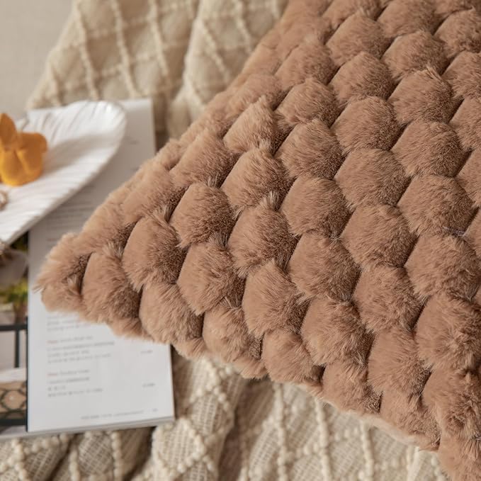 Pack of 2 Beige Super Soft Plush Fluffy Decorative Throw Pillow Covers 18x18 inch Faux Fur Wool Velvet Cushion Covers