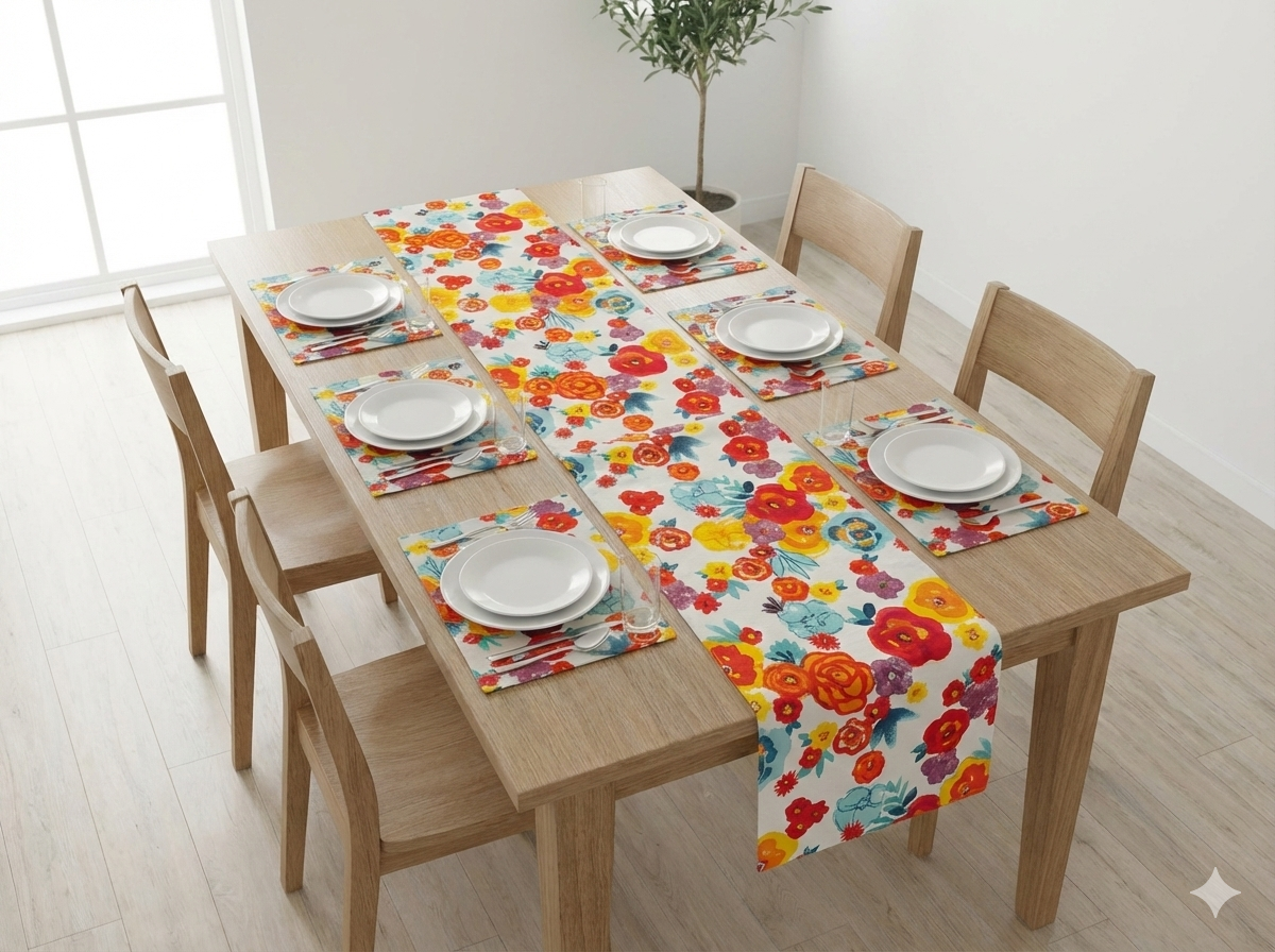7-Piece Floral Dining Table Runner & Placemat Set – Heavy Duck Cloth Table Mats for 6-Seater Dining Tables