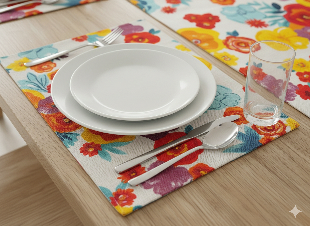 7-Piece Floral Dining Table Runner & Placemat Set – Heavy Duck Cloth Table Mats for 6-Seater Dining Tables