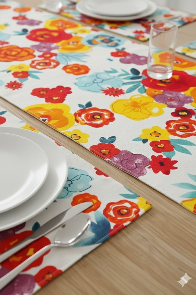 7-Piece Floral Dining Table Runner & Placemat Set – Heavy Duck Cloth Table Mats for 6-Seater Dining Tables