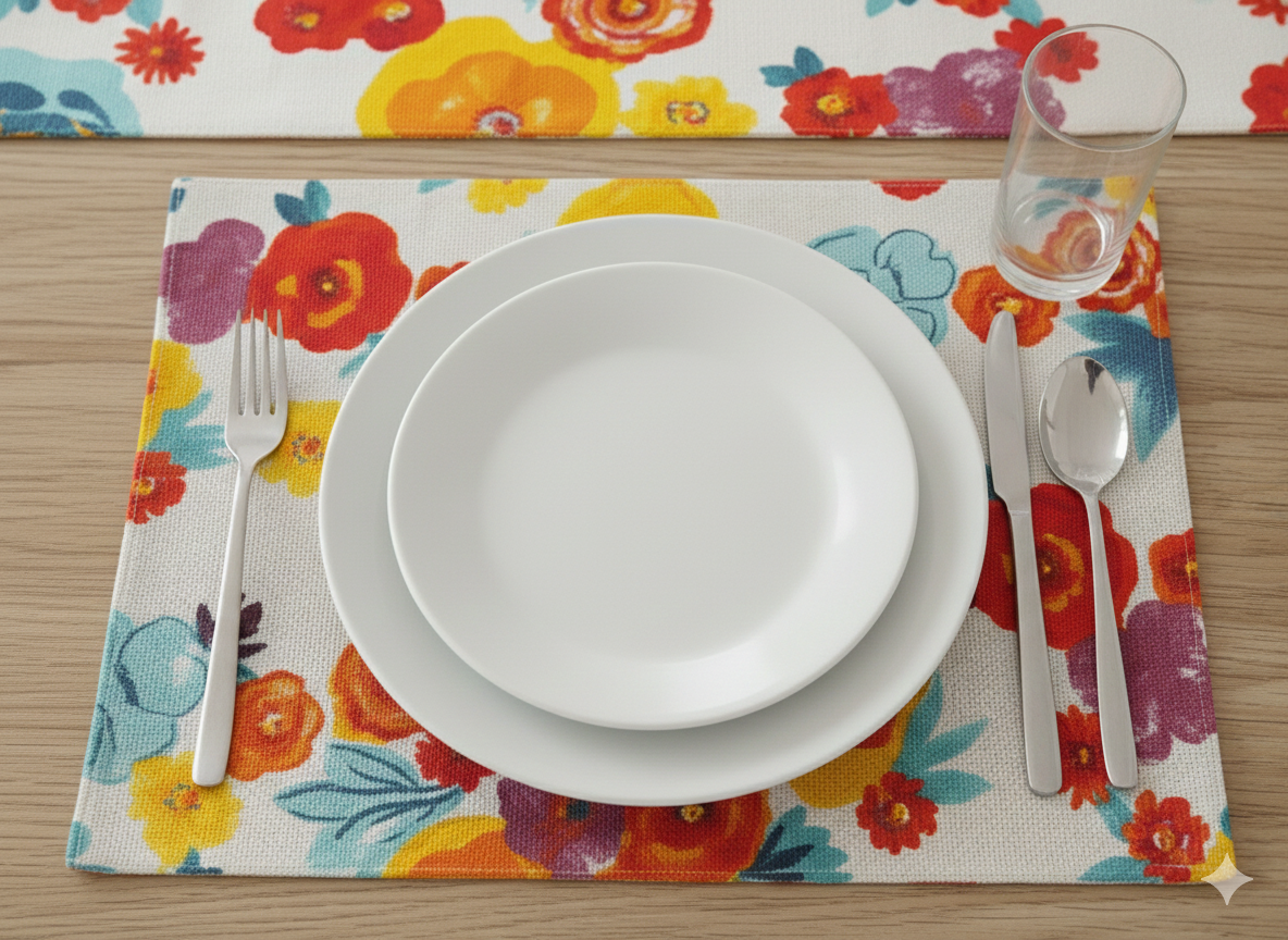 7-Piece Floral Dining Table Runner & Placemat Set – Heavy Duck Cloth Table Mats for 6-Seater Dining Tables