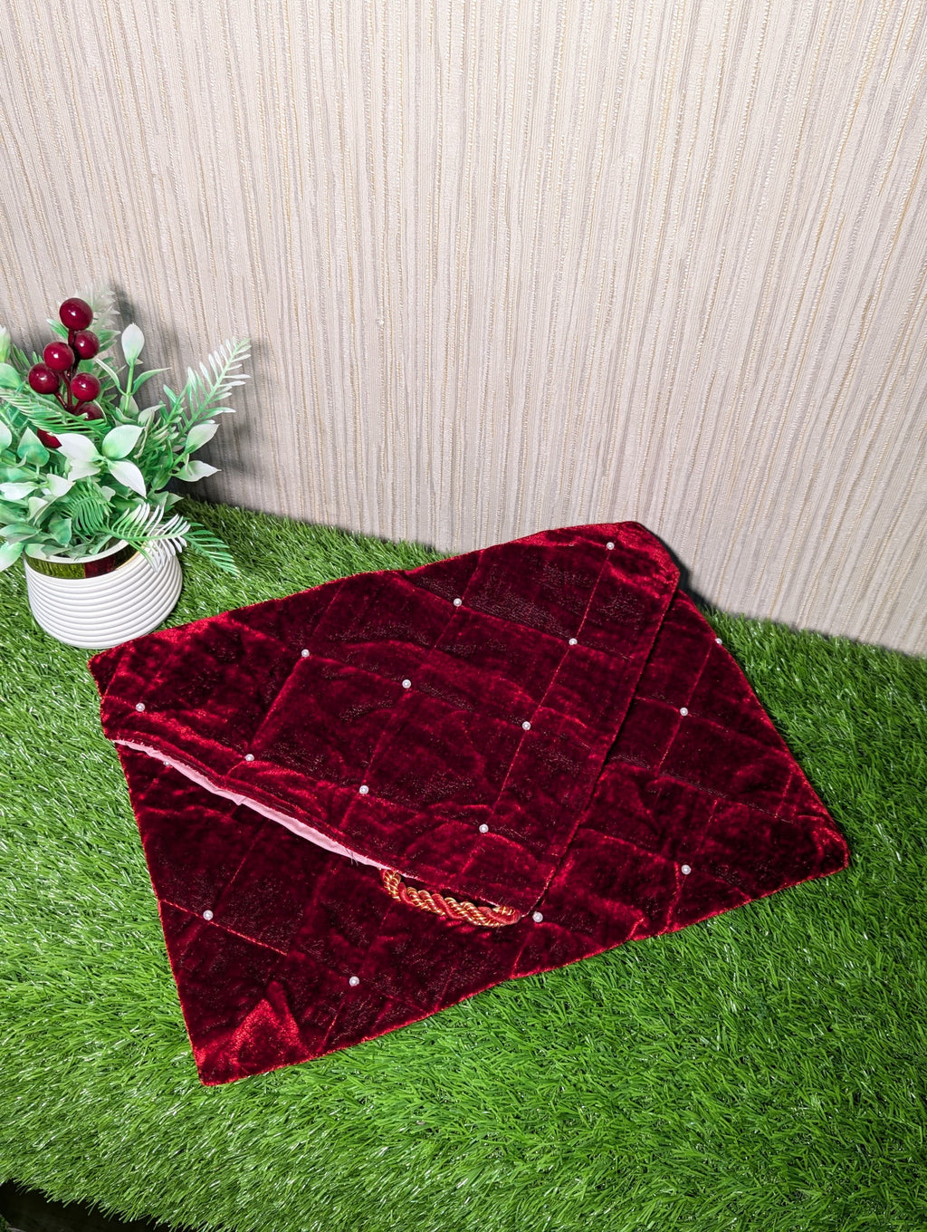 Luxury Velvet Holy Book Cover with Pearl Stud Work – Quran & Bible Protector (Maroon)