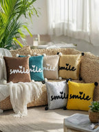 Velvet Decorative Cushion with Pom-Pom Corners & Embroidered ‘Smile’ Text – Soft Throw Pillow for Sofa & Bedroom