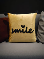 Velvet Decorative Cushion with Pom-Pom Corners & Embroidered ‘Smile’ Text – Soft Throw Pillow for Sofa & Bedroom