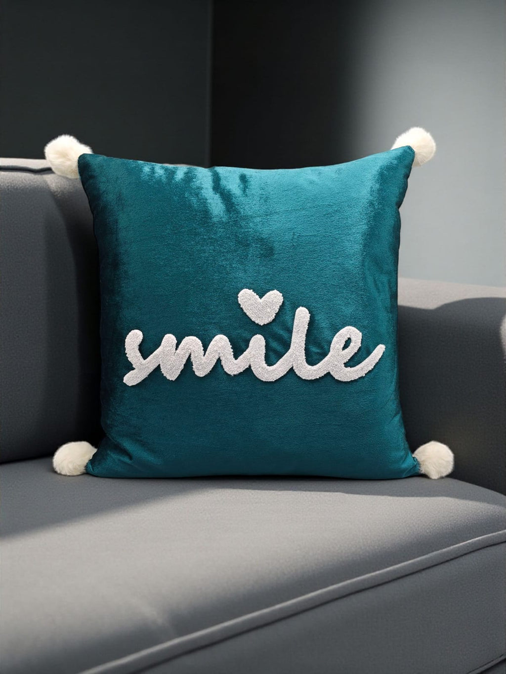 Velvet Decorative Cushion with Pom-Pom Corners & Embroidered ‘Smile’ Text – Soft Throw Pillow for Sofa & Bedroom