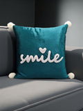 Velvet Decorative Cushion with Pom-Pom Corners & Embroidered ‘Smile’ Text – Soft Throw Pillow for Sofa & Bedroom