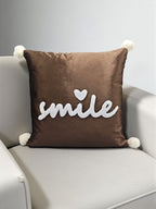 Velvet Decorative Cushion with Pom-Pom Corners & Embroidered ‘Smile’ Text – Soft Throw Pillow for Sofa & Bedroom