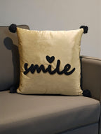 Velvet Decorative Cushion with Pom-Pom Corners & Embroidered ‘Smile’ Text – Soft Throw Pillow for Sofa & Bedroom