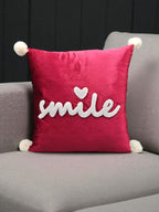 Velvet Decorative Cushion with Pom-Pom Corners & Embroidered ‘Smile’ Text – Soft Throw Pillow for Sofa & Bedroom