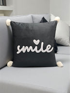 Velvet Decorative Cushion with Pom-Pom Corners & Embroidered ‘Smile’ Text – Soft Throw Pillow for Sofa & Bedroom