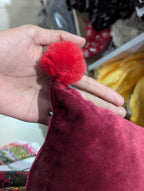 Velvet Decorative Cushion with Pom-Pom Corners & Embroidered ‘Smile’ Text – Soft Throw Pillow for Sofa & Bedroom