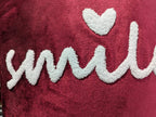 Velvet Decorative Cushion with Pom-Pom Corners & Embroidered ‘Smile’ Text – Soft Throw Pillow for Sofa & Bedroom