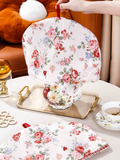 Floral Tea Cozy Set (2-Piece) – Cotton Quilted Teapot Cover | Heat Retaining Tea Warmer